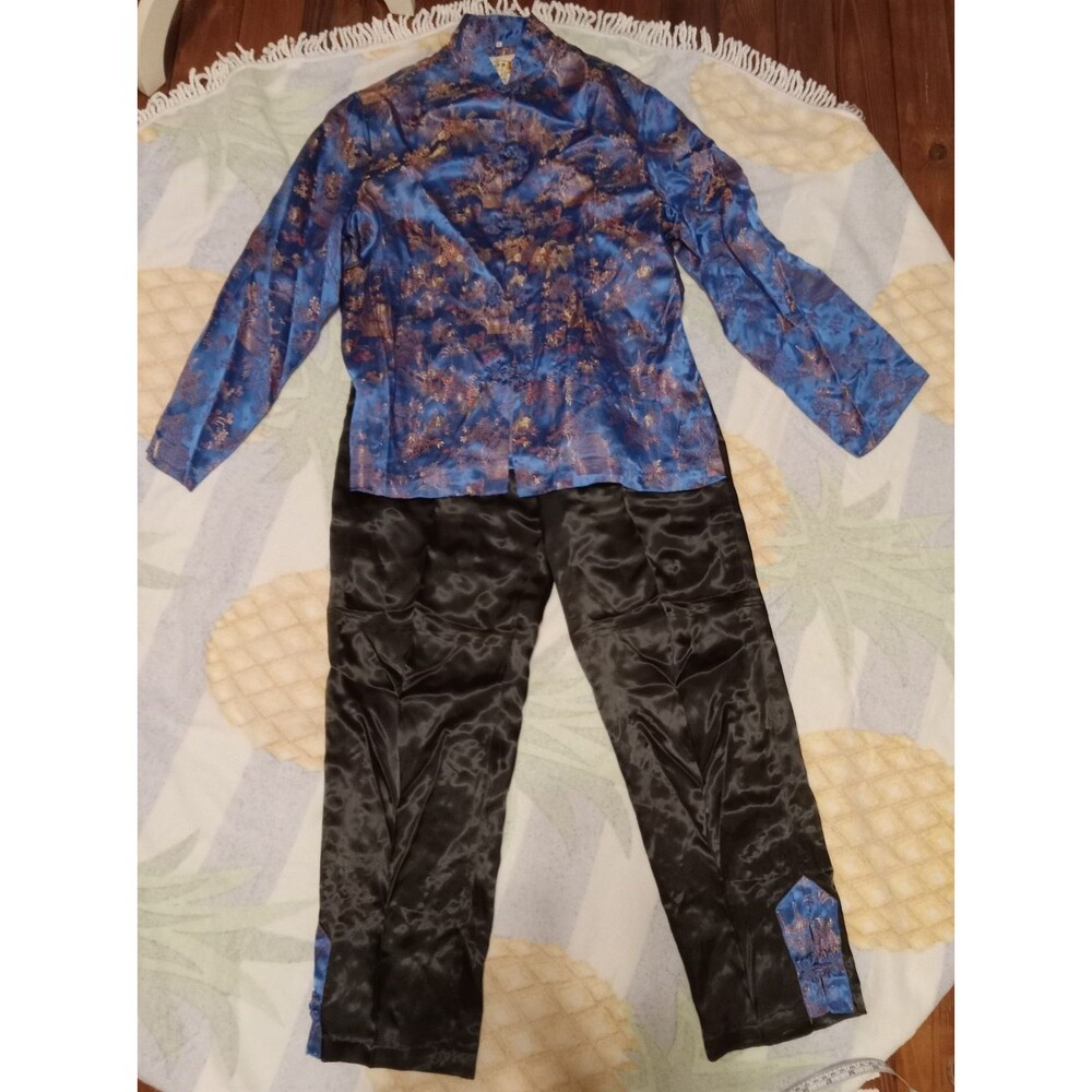 2 piece  Vintage Peony Brand Shanghai China Blue Blouse/jacket with pants Large